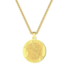 将图片加载到图库查看器，2021 Chereda New Stainless Steel Saint Michael Medal Necklace, Round Saint Michael Necklace Religious Medal, Gold &amp; Silver Saint Michael the Archangel Necklace
